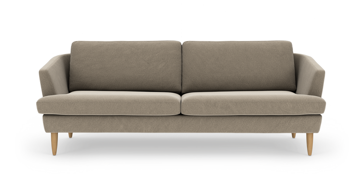 Beige sofa med to sædehynder og runde træben, fritlagt på hvid baggrund.