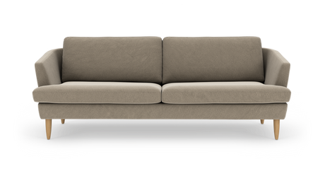 Beige sofa med to sædehynder og runde træben, fritlagt på hvid baggrund.