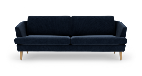 Mørkeblå sofa med lyse træben, set forfra mod hvid baggrund.