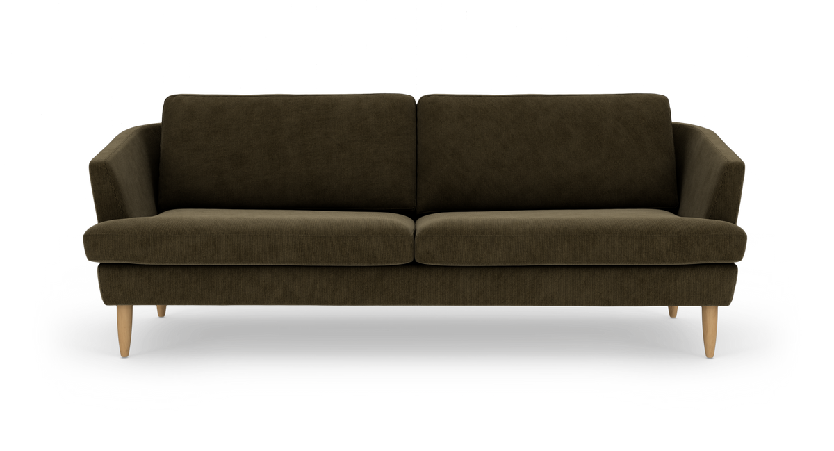 Mørkeolivgrøn 3-personers sofa i fløjl med runde træben, frontvisning mod hvid baggrund.