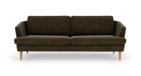 Mørkeolivgrøn 3-personers sofa i fløjl med runde træben, frontvisning mod hvid baggrund.