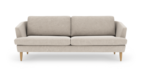 Beige stofsofa med to sæde- og ryghynder og træben, set forfra mod hvid baggrund.