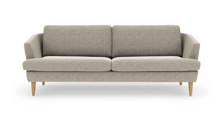 Beigefarvet sofa med to sædehynder og træben, set lige forfra på hvid baggrund.