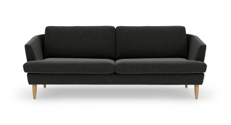 Mørkegrå 3-personers sofa med runde træben, frontvisning på hvid baggrund.