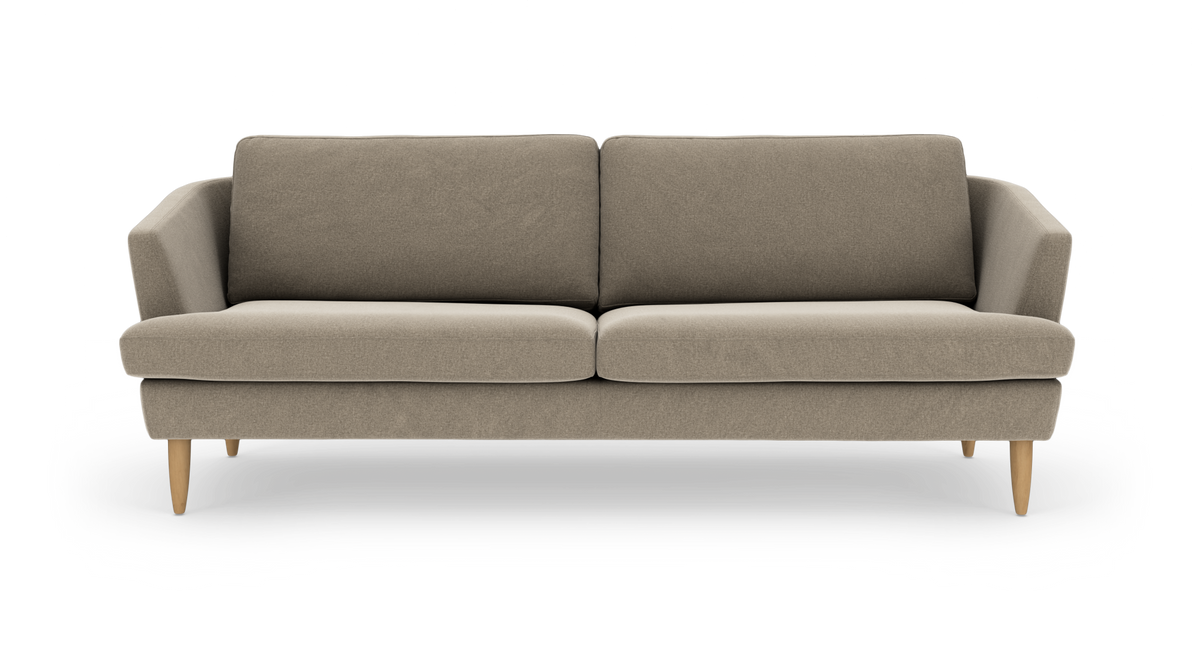 Beige sofa med to sædehynder og runde træben, frontvisning på hvid baggrund.
