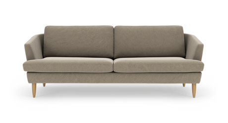 Beige sofa med to sædehynder og runde træben, frontvisning på hvid baggrund.