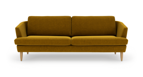 Sennepsgul 3-personers sofa med træben, frontvisning på hvid baggrund.