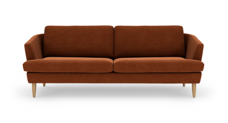 Rustfarvet stofsofa med træben, frilagt set direkte forfra.