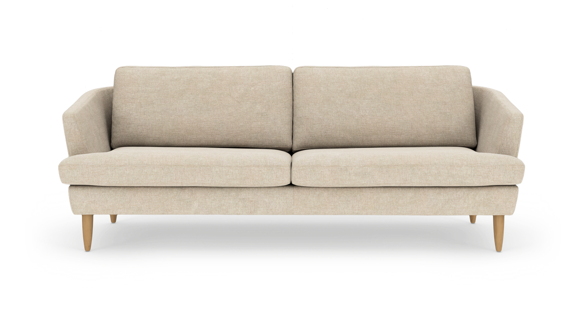 Beige sofa med to sædepuder og træben, frontvisning på hvid baggrund.