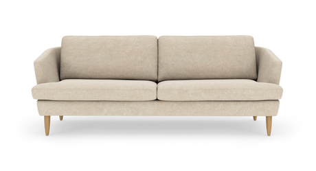 Beige sofa med to sædepuder og træben, frontvisning på hvid baggrund.