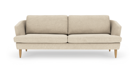 Beige 3‑personers sofa med afrundede armlæn og træben, frontvisning.