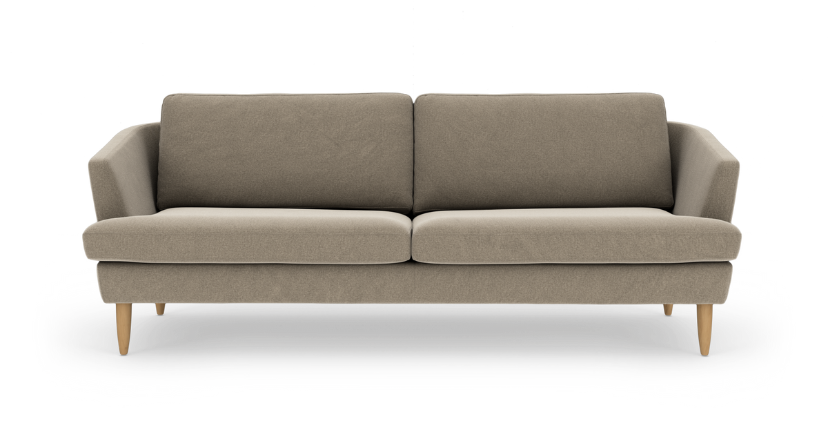 Beige 2-personers stofsofa med tilspidsede træben, frontvisning på hvid baggrund.