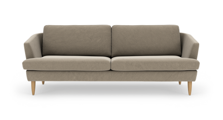 Beige 2-personers stofsofa med tilspidsede træben, frontvisning på hvid baggrund.