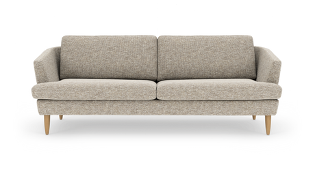 Beige to-personers stofsofa med to sæde- og ryghynder og lyse, koniske træben, frontvisning.