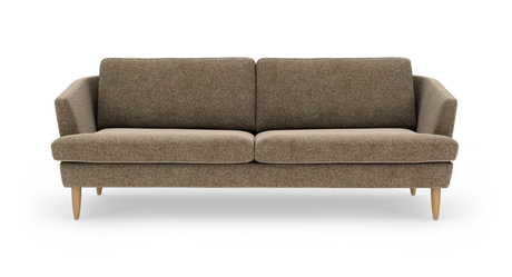 Brunbeige 2-personers sofa i stof med lyse træben, frontvisning.