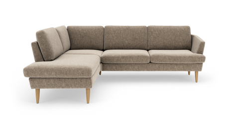 Beige L‑formet hjørnesofa med træben, frilagt på hvid baggrund.