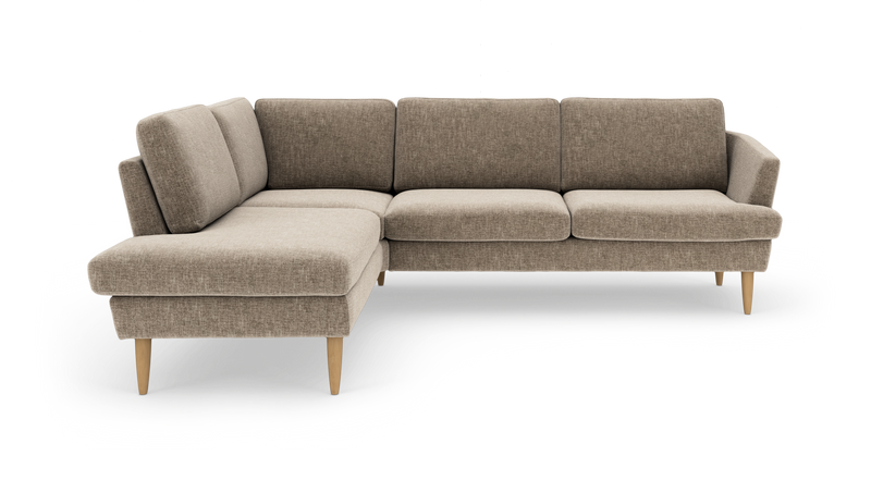 Beige L‑formet hjørnesofa med træben, frilagt på hvid baggrund._ps