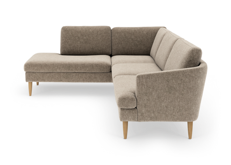 Beige L-formet modulsofa med træben i skandinavisk stil.
