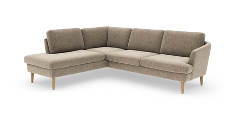 Beige L‑formet modulsofa i stof med lyse træben, produktfoto på hvid baggrund.