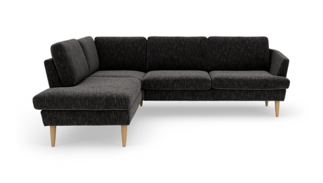 Mørkegrå hjørnesofa med venstrevendt chaiselong og lyse træben, frilagt på hvid baggrund.