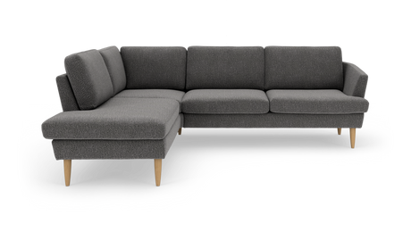 Mørkegrå hjørnesofa med venstrevendt chaiselong og lyse træben.