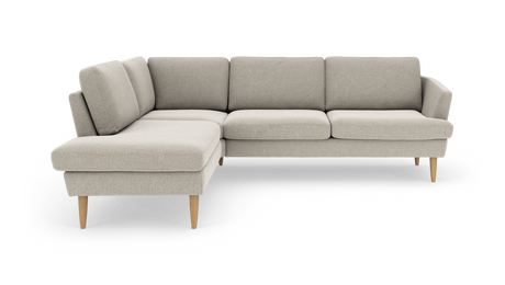 Lys beige hjørnesofa med venstrevendt chaiselong og runde træben.