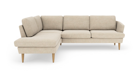 Beige L-formet hjørnesofa med venstrevendt chaiselong og træben, frilagt på hvid baggrund.