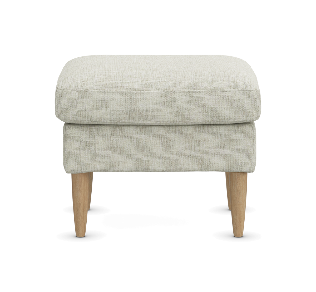 Lys beige puf/ottoman med tekstilbetræk og lyse træben, fotograferet forfra på neutral baggrund.