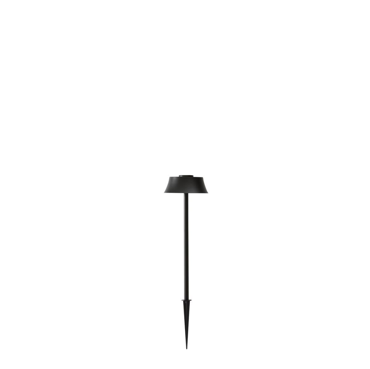 Sort udendørs spydlampe med lille skærm, frilagt på hvid baggrund.