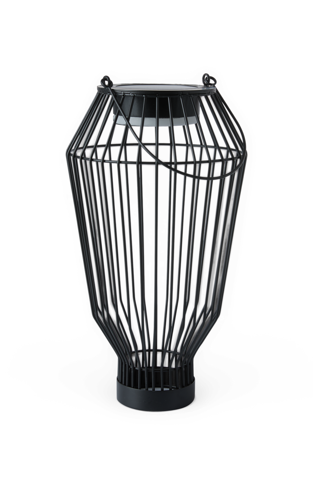 Sort metal lanterne i tråddesign med bærehank, frilagt på hvid baggrund.