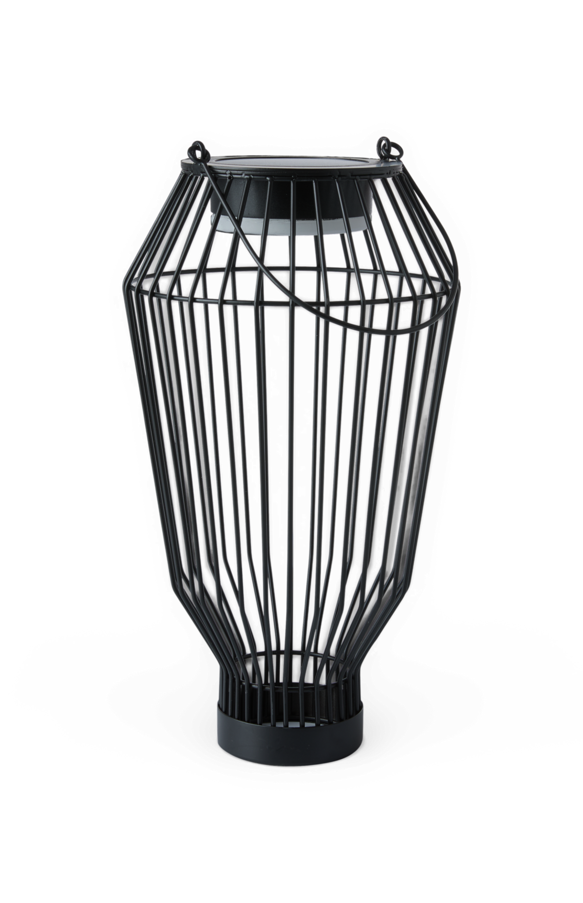 Sort metal lanterne i tråddesign med bærehank, frilagt på hvid baggrund.