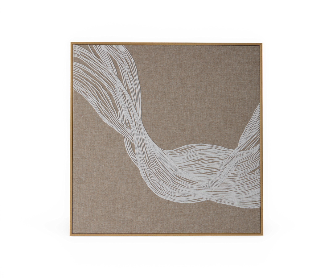 Abstrakt vægkunst med hvide, flydende linjer på beige lærred i træramme, fotograferet forfra.