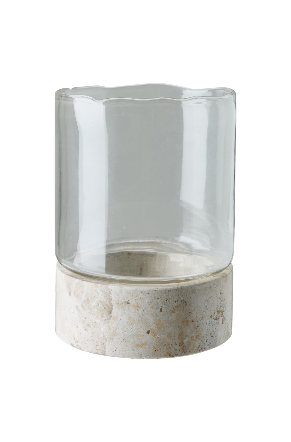 Cylinderformet vase/lanterne i klart glas med bølget kant.