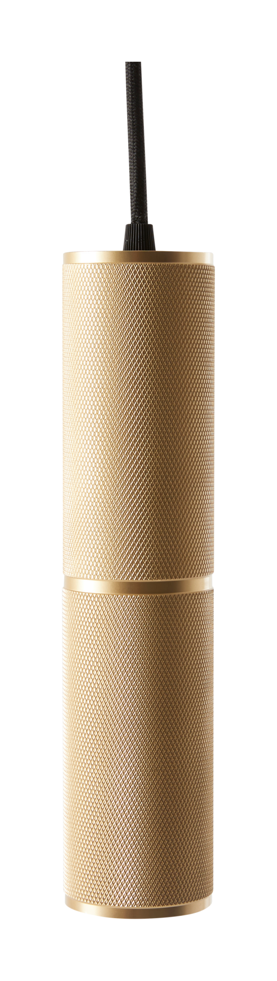 Cylindrisk pendellampe i messinglook med knurret/rillet overflade og sort tekstilkabel.