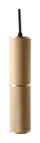 Cylindrisk pendellampe i messinglook med knurret/rillet overflade og sort tekstilkabel.