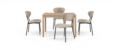 Spisebordssæt med kvadratisk bord i lyst træ/eg og fire beige polstrede stole med sorte ben.