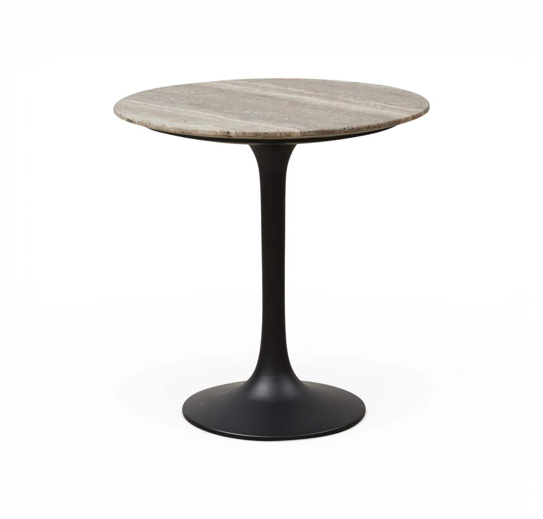 Rundt sidebord med grå stenplade og sort trumpetfod.