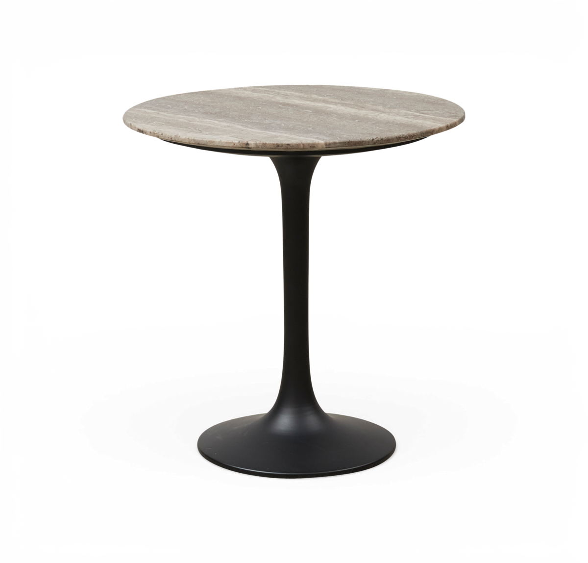 Rundt sidebord med grå stenplade og sort trumpetfod.