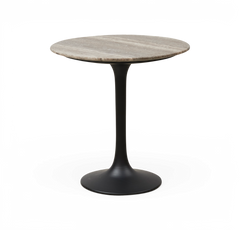 Rundt sidebord med grå stenplade og sort trumpetfod.