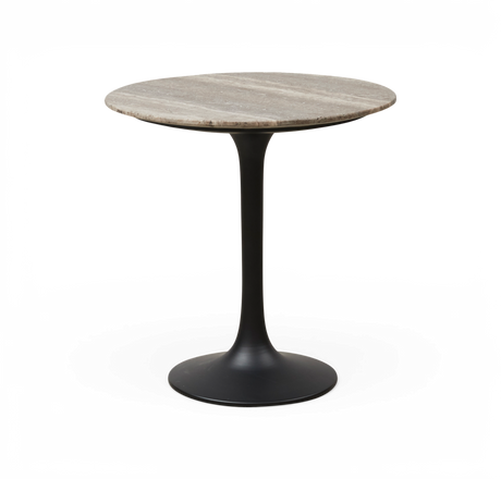 Rundt sidebord med grå stenplade og sort trumpetfod.