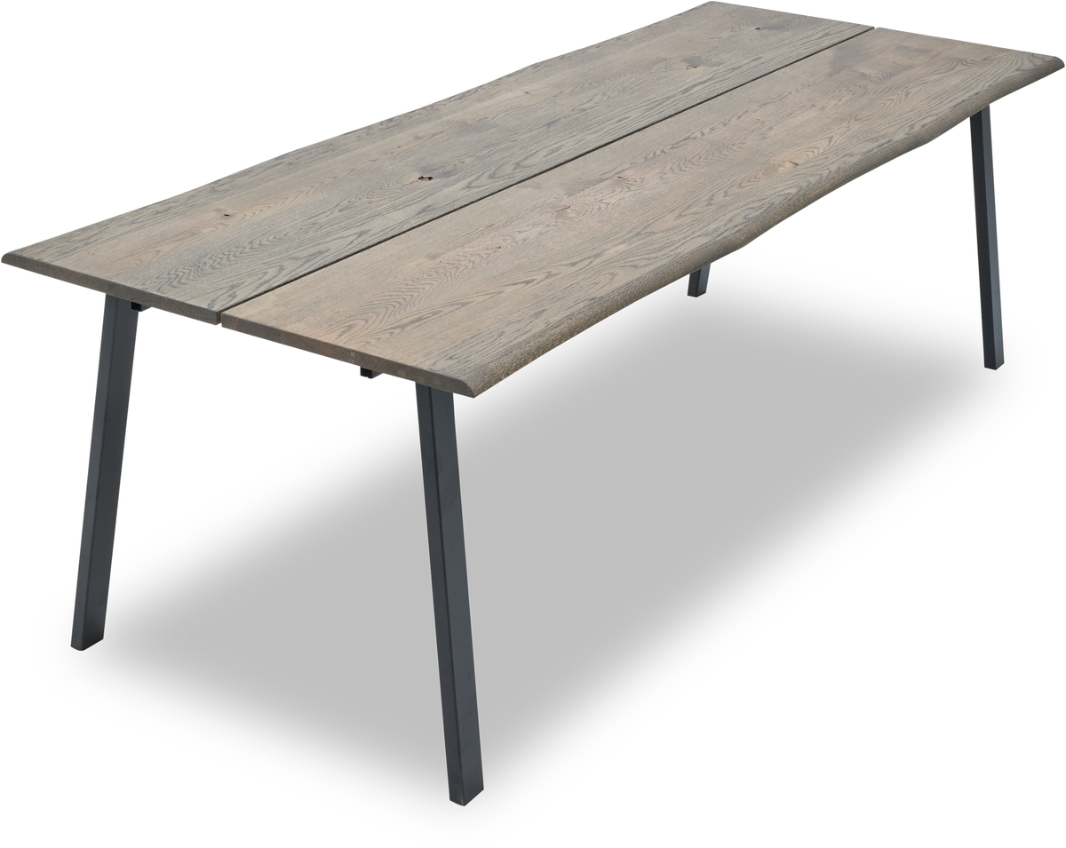 Spisebord i massivt træ med delt plade og sorte metalben, frilagt på hvid baggrund.