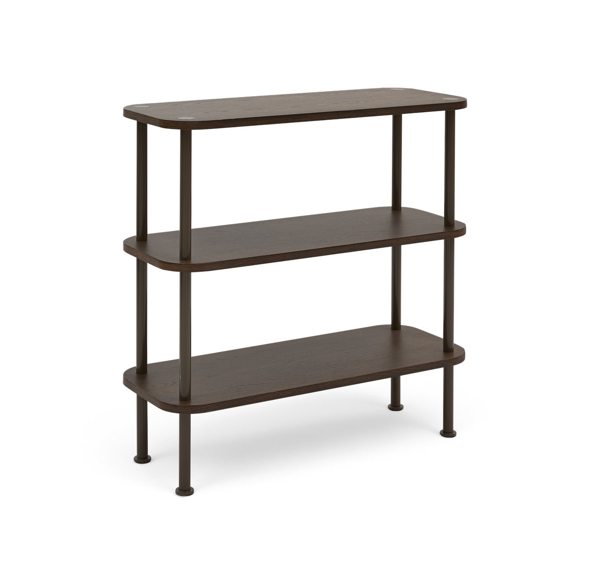 Brun konsolreol med tre hylder i træ, afrundede hjørner og metalstolper/ben.