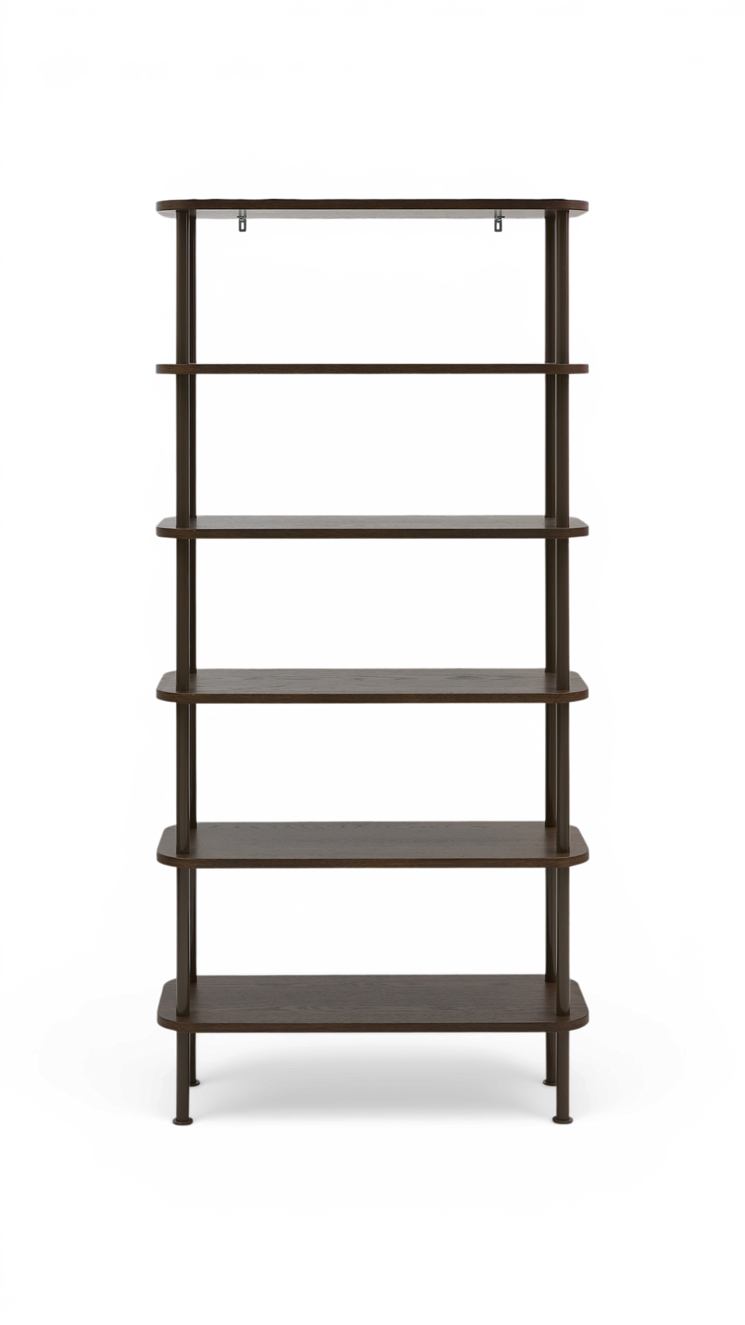Fritstående reol med seks hylder i mørkt træ og slanke metalstolper, set lige forfra.