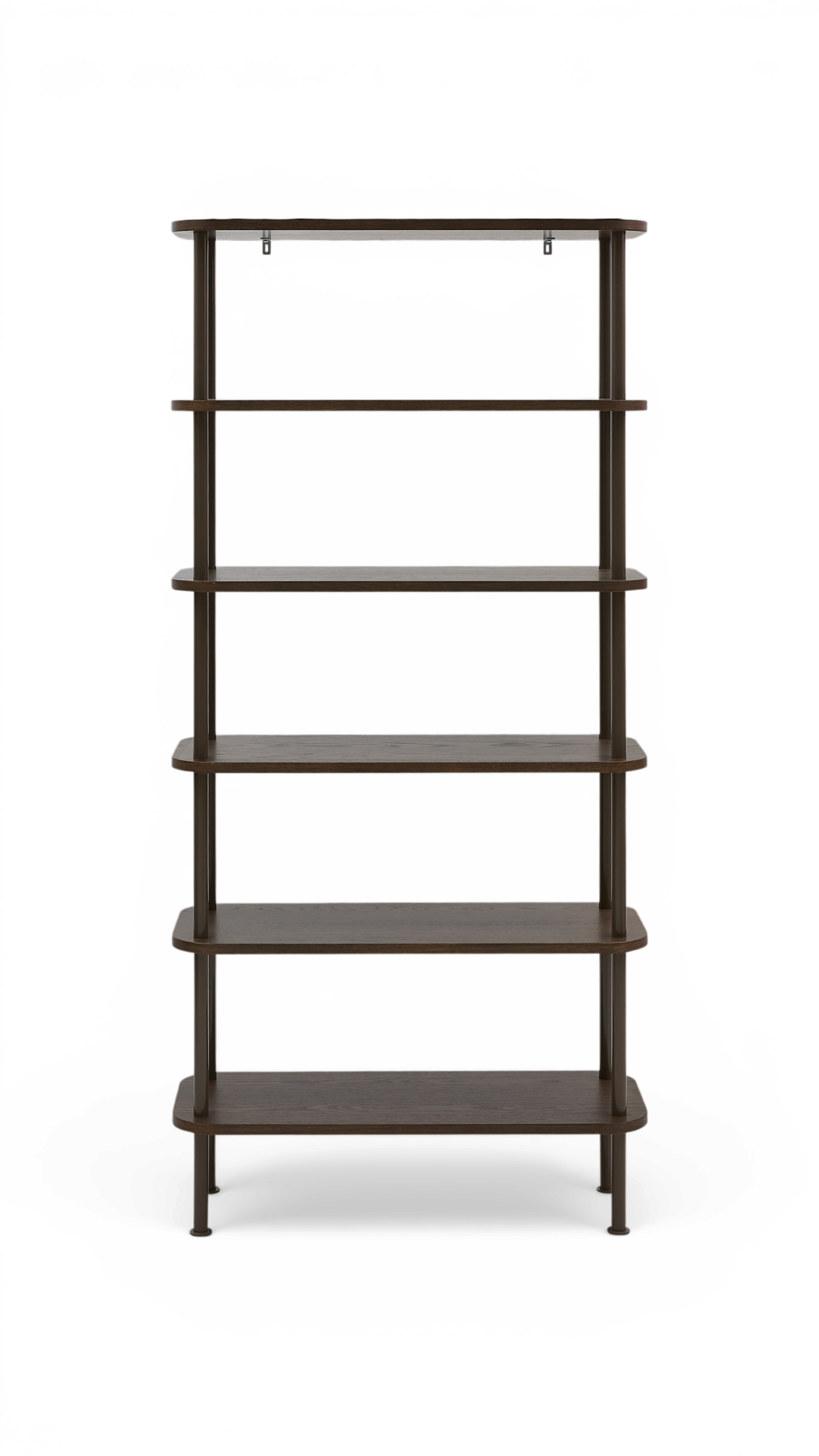 Fritstående reol med seks hylder i mørkt træ og slanke metalstolper, set lige forfra.