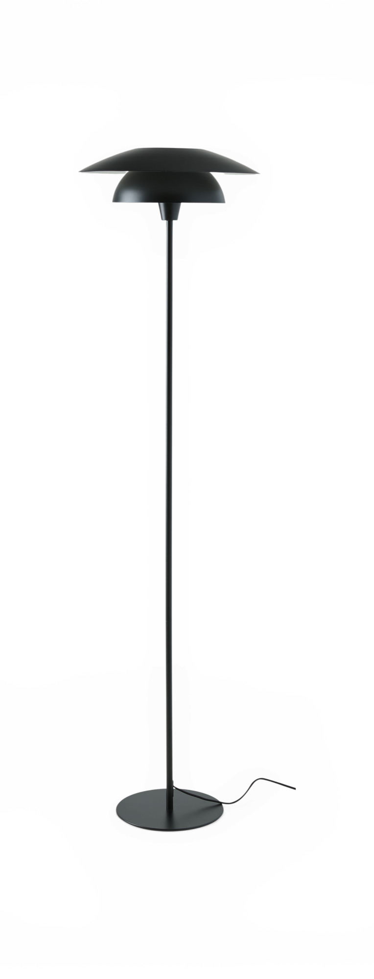 Sort gulvlampe med to skiveformede skærme på slank stang og rund fod, med synlig ledning.
