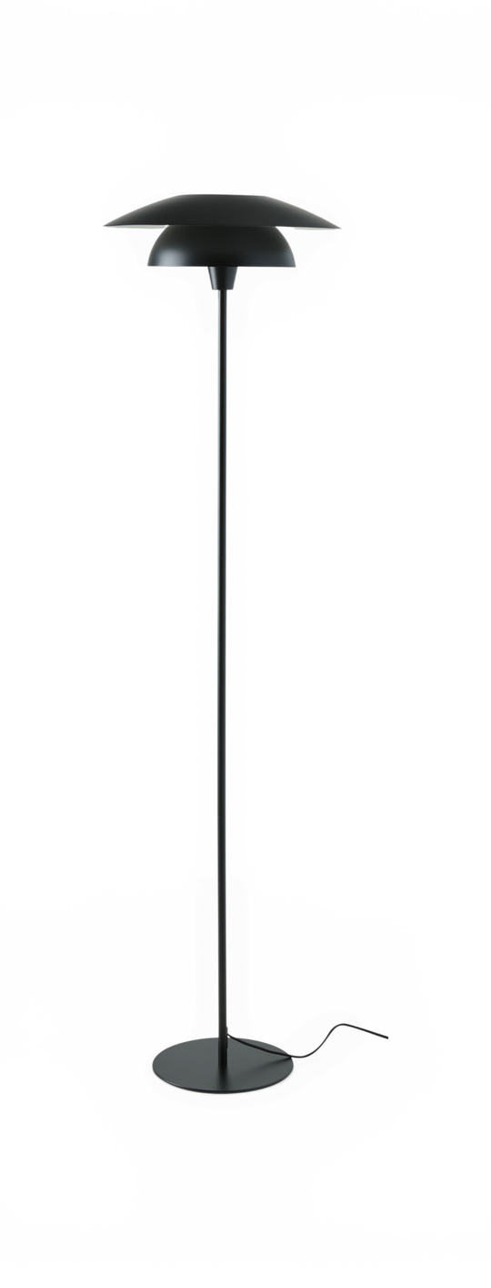 Sort gulvlampe med to skiveformede skærme på slank stang og rund fod, med synlig ledning.