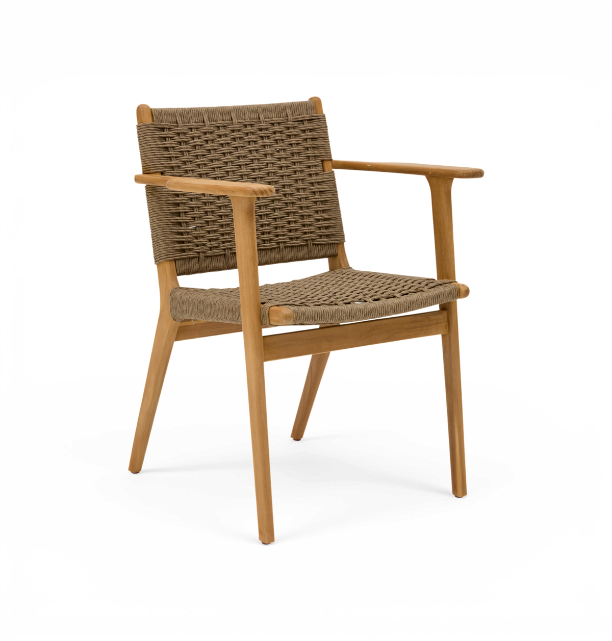 Lounge lænestol i lyst træ med flettet sæde og ryg i taupe, stilren skandinavisk design.