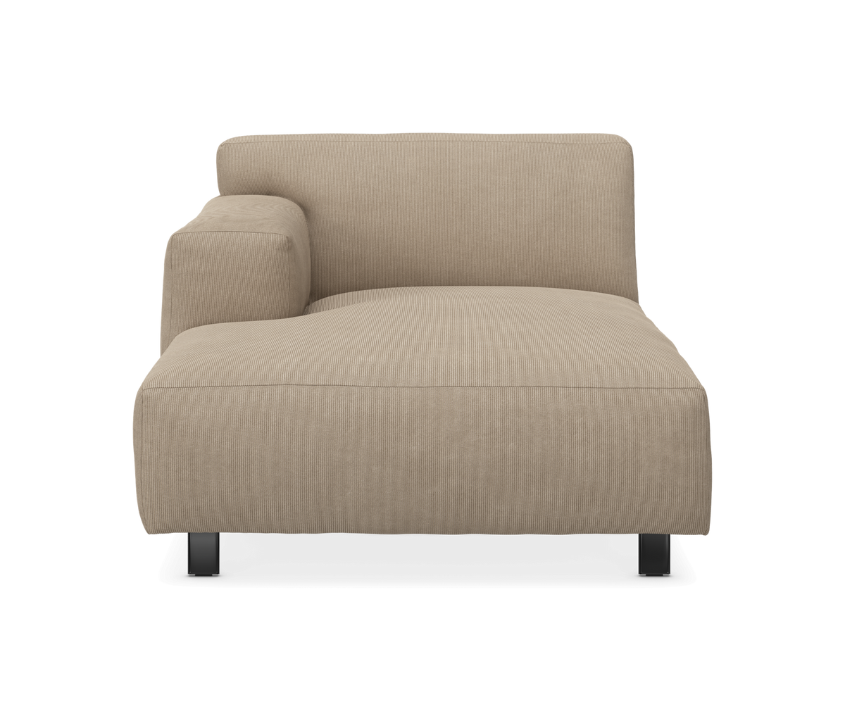 Beige venstrevendt chaiselong-modul med sorte ben set forfra.