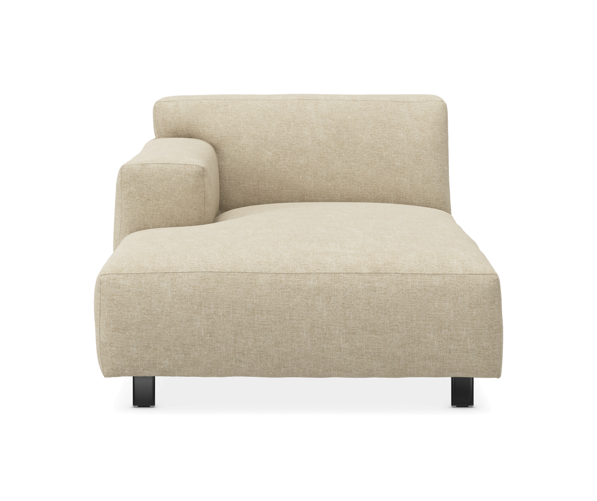 Beige venstrearmet chaiselongmodul med sorte ben, set forfra.