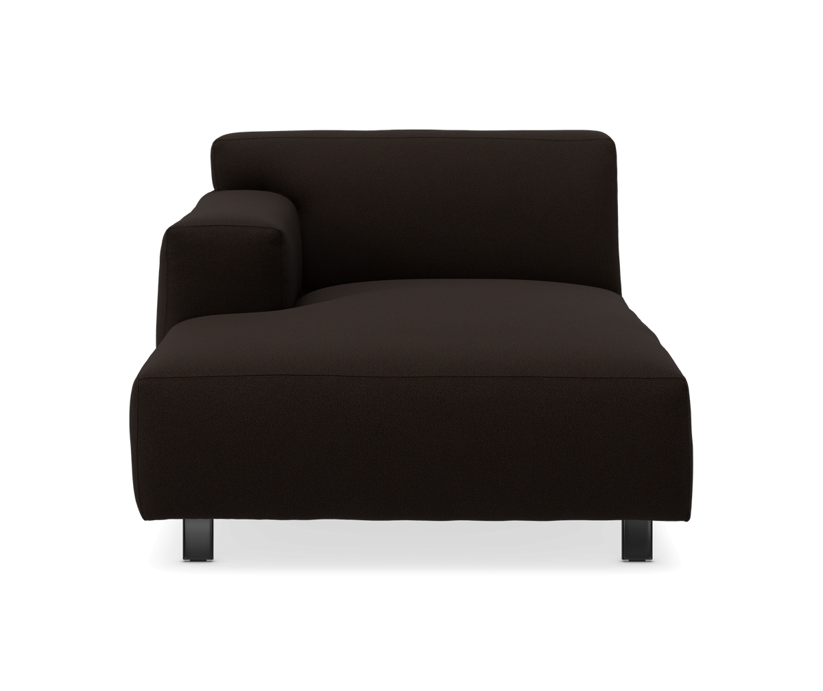 Mørkebrun chaisemodul/sofaelement med venstre armlæn, frontvisning på neutral baggrund.